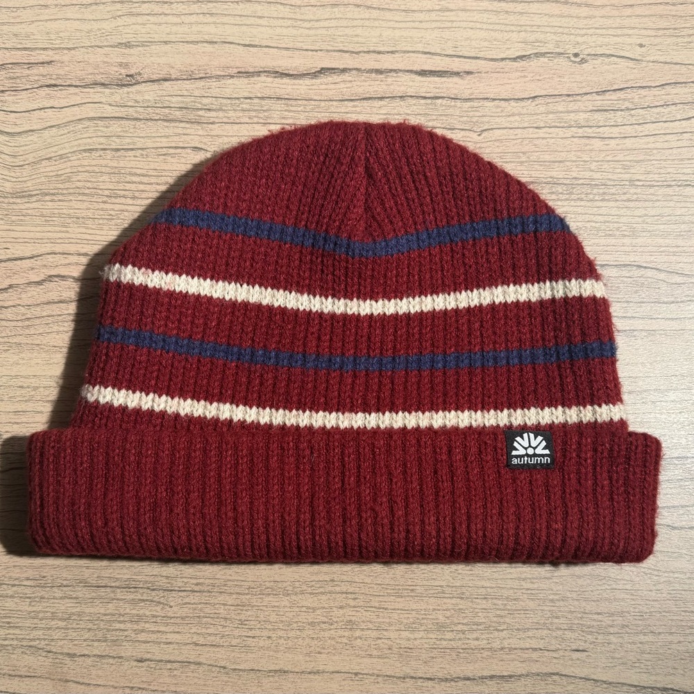 Autumn Red Beanie with Blue & White Stripes
